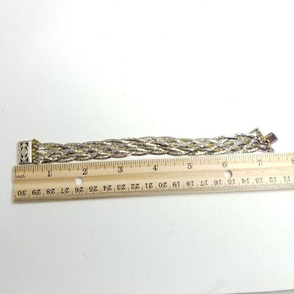 Vintage Braided Woven Silver Tone Chain Bangle Bracelet, Tab Clasp, Retro Estate - Picture 5 of 7